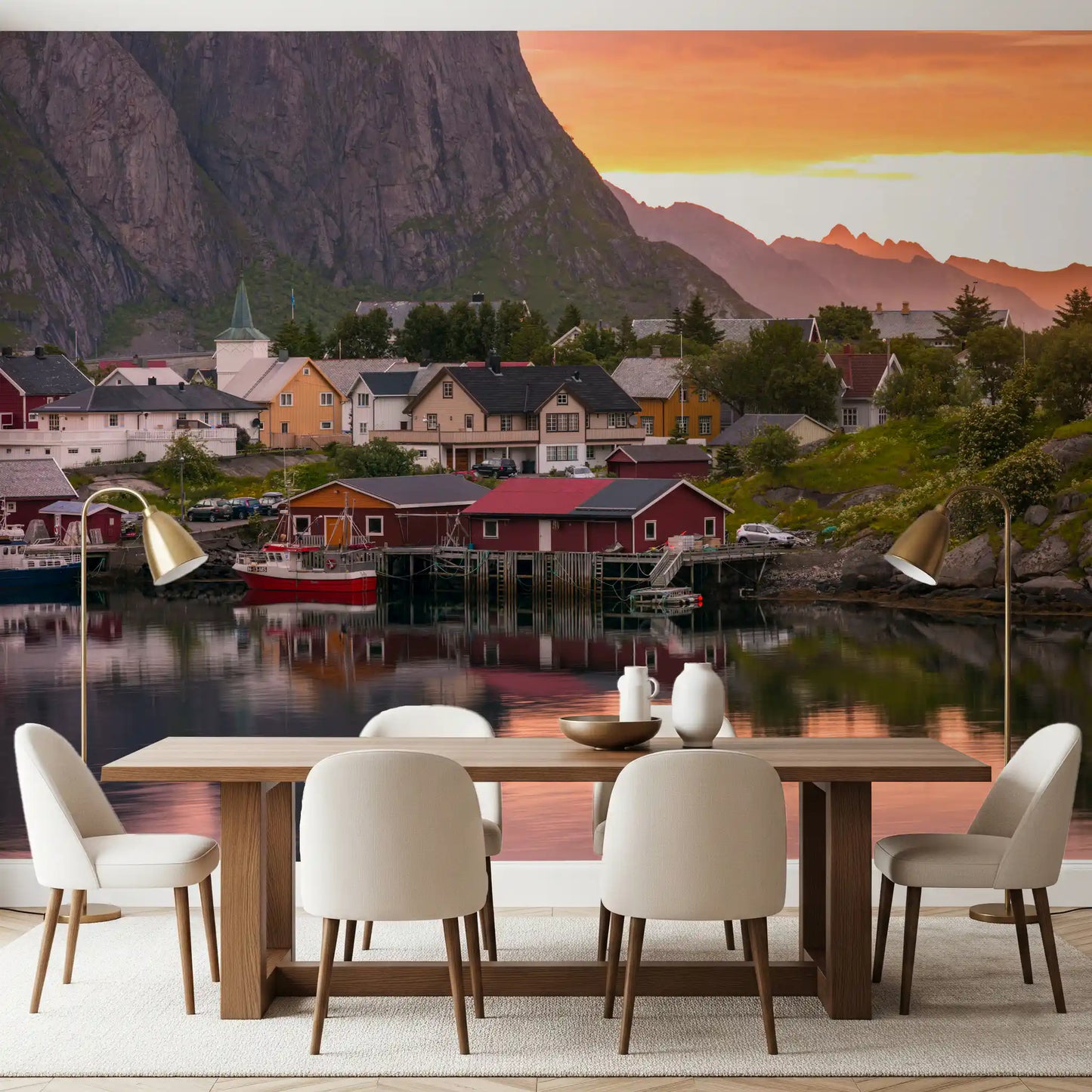Mural de Pared Atardecer y Fiordo en el Pueblo de Lofoten