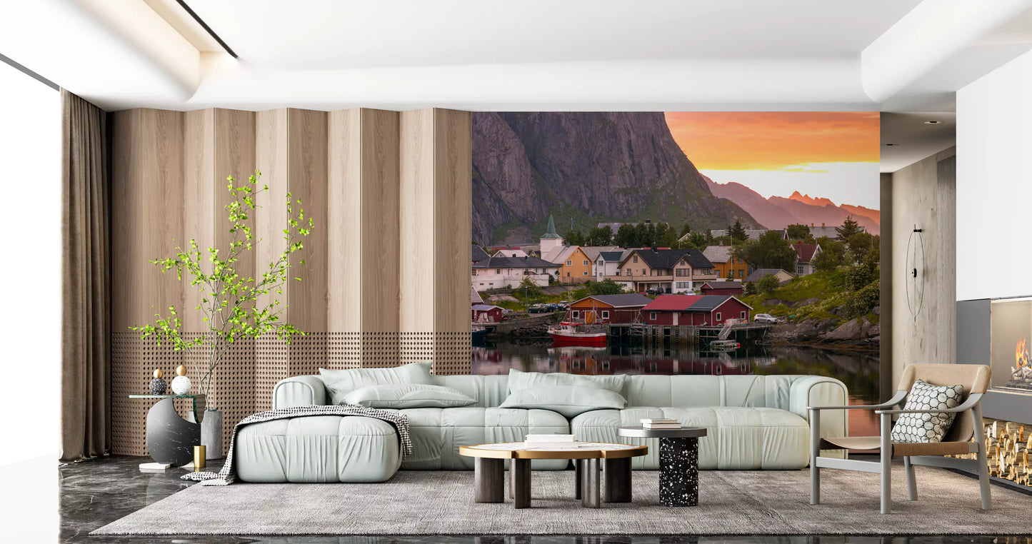 Mural de Pared Atardecer y Fiordo en el Pueblo de Lofoten