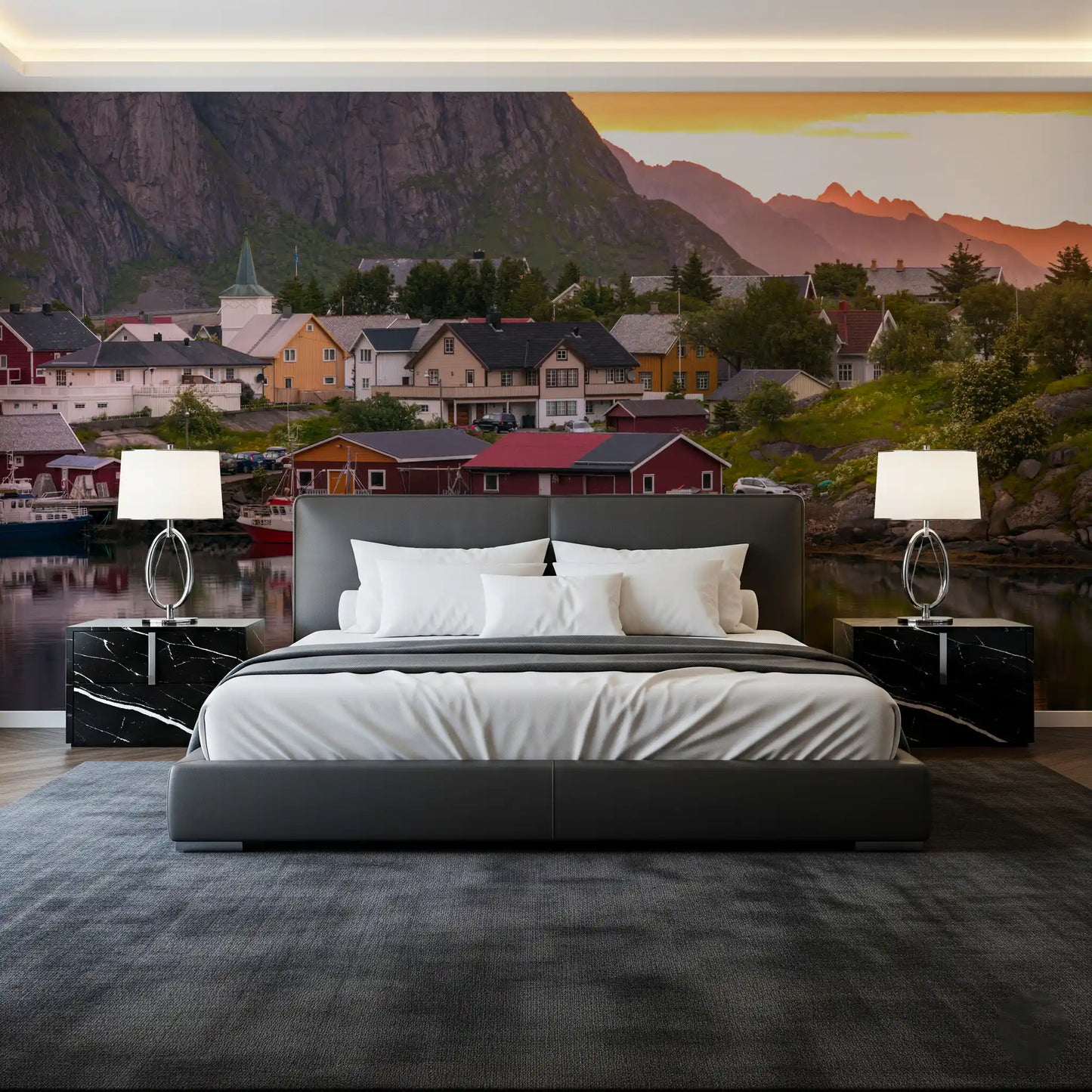 Mural de Pared Atardecer y Fiordo en el Pueblo de Lofoten