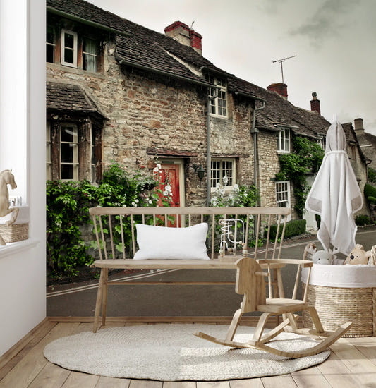 Sunlight fills a spacious Kids room the stone cottages village wall mural.