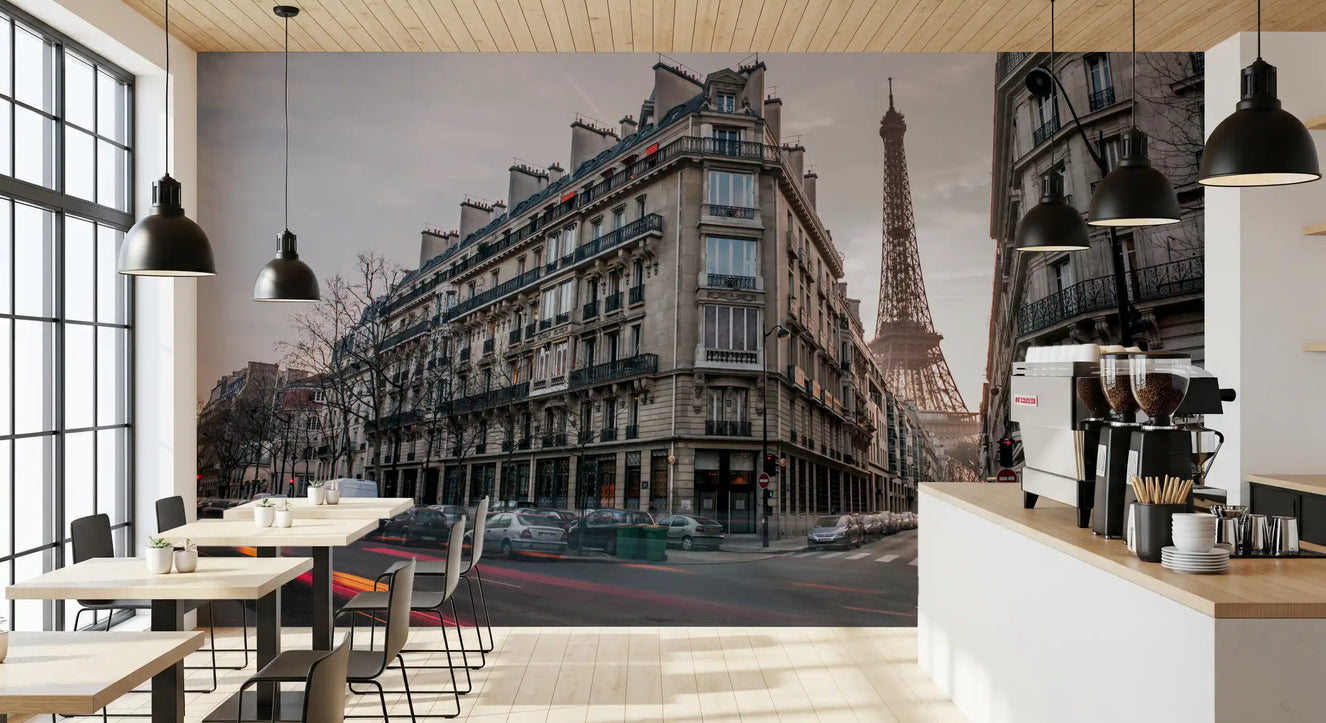 Cafe scene with Parisian Evening Flow Wall Mural completing the background.