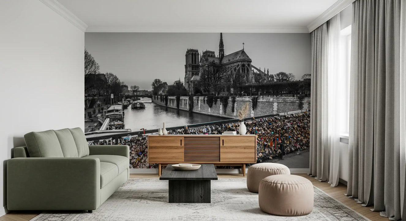 The Parisian Love Locks Notre Dame's Shadow wall mural adorns a living room.