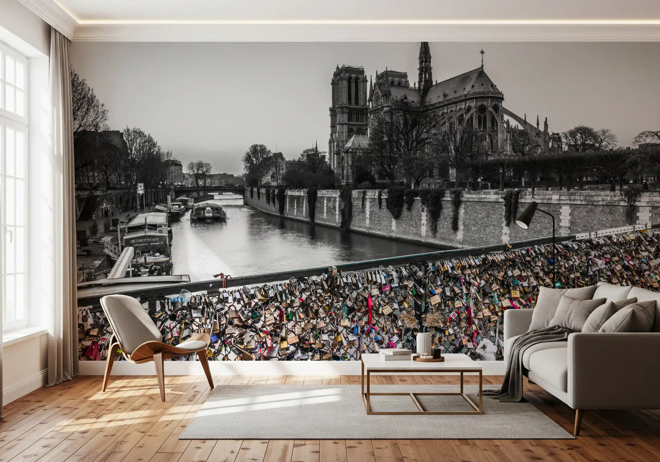 A Living room features the Parisian Love Locks Notre Dame's Shadow wall mural.