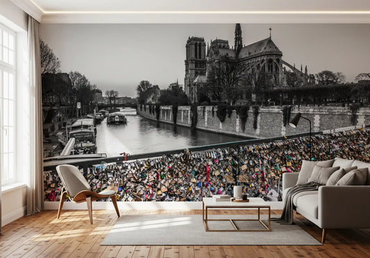 A Living room features the Parisian Love Locks Notre Dame's Shadow wall mural.