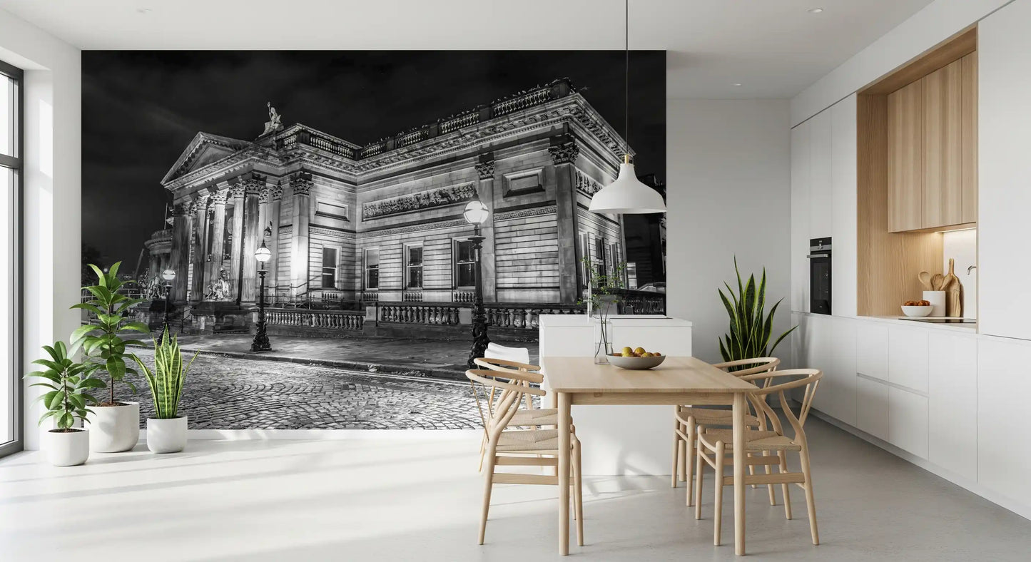 dining tables position perfectly against the imposing Classical wall mural backdrop.