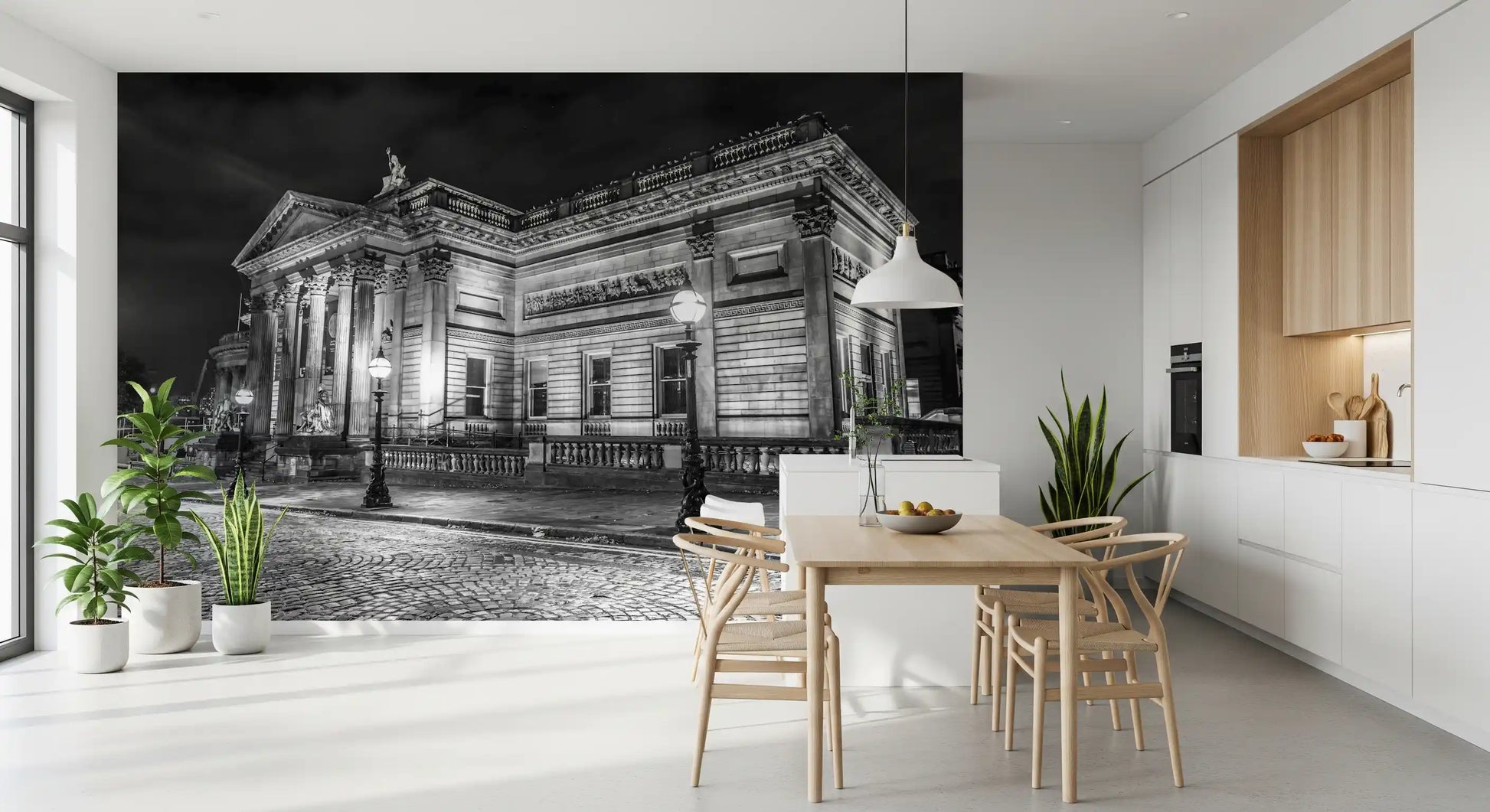dining tables position perfectly against the imposing Classical wall mural backdrop.