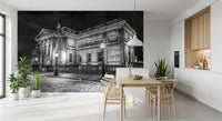 dining tables position perfectly against the imposing Classical wall mural backdrop.