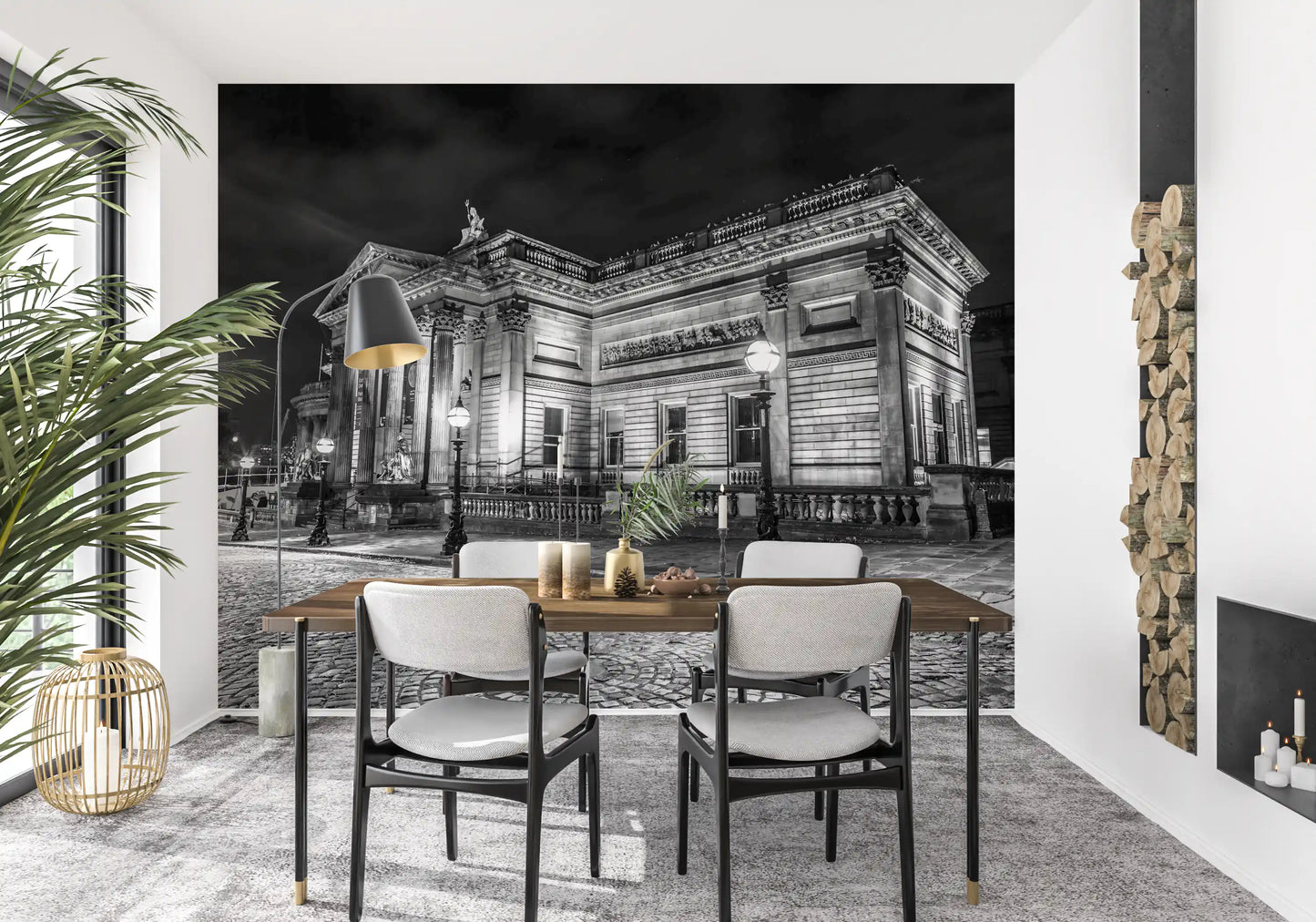 vintage lanterns illuminate the stone Classical Nightscape wall mural facade.