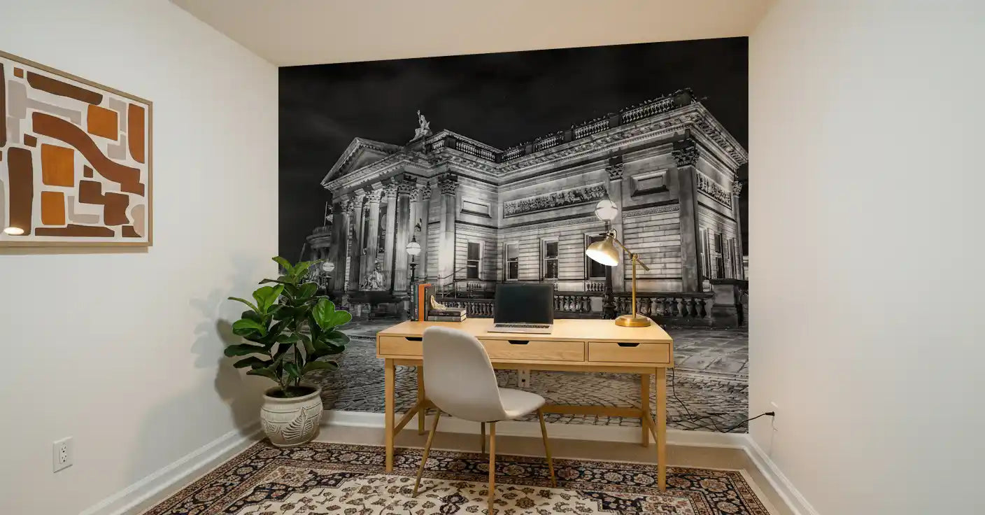 The black and white Nightscape wall mural provides a dramatic setting for a Study room.