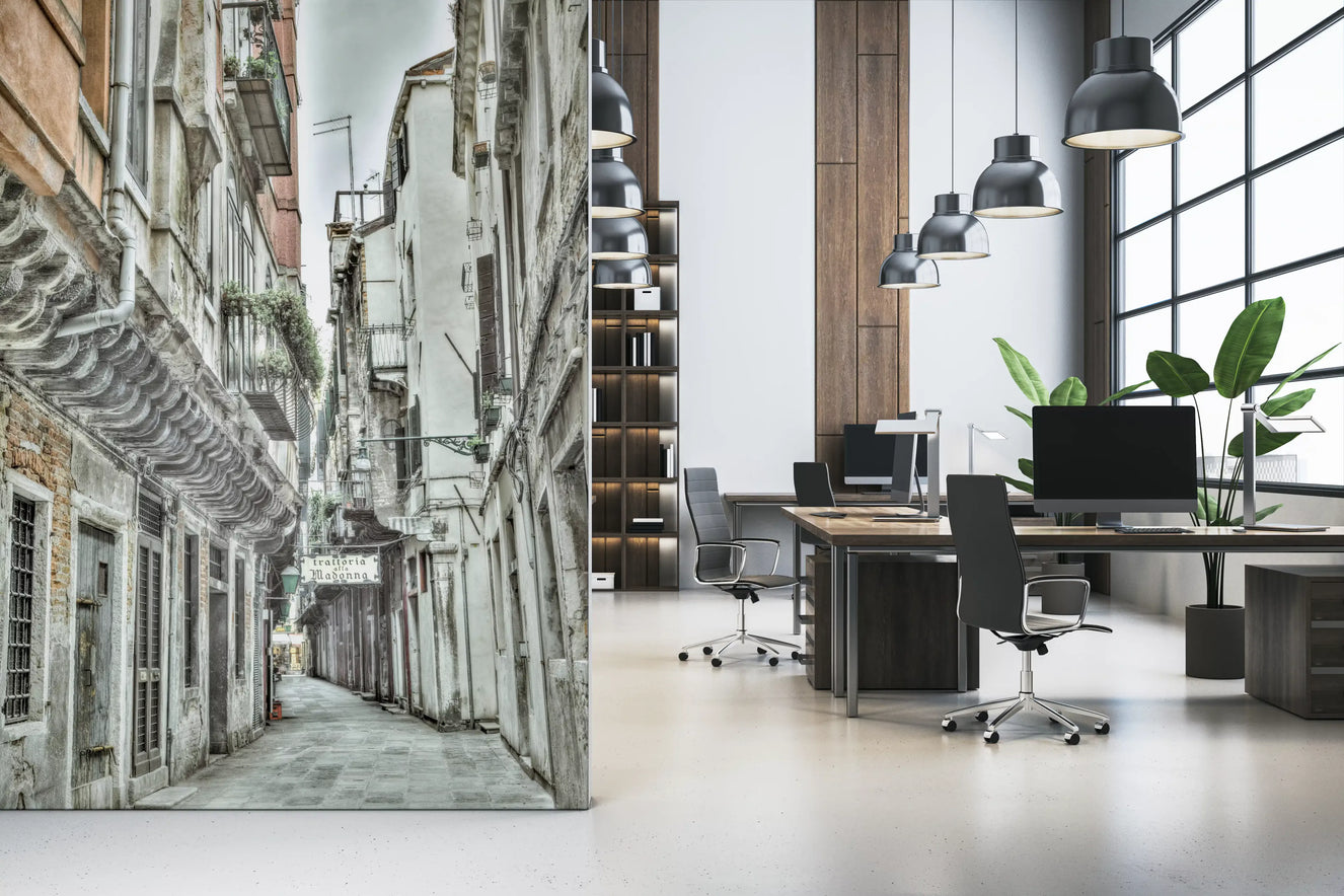 office space accented by the Venetian stone path wall mural.