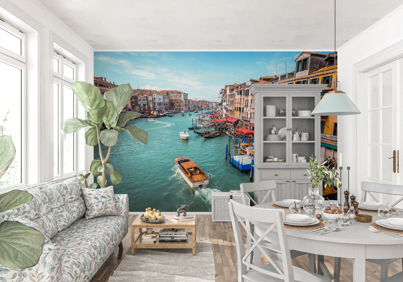 This Canal wall mural adds Italian charm to the quiet primary Dining room .
