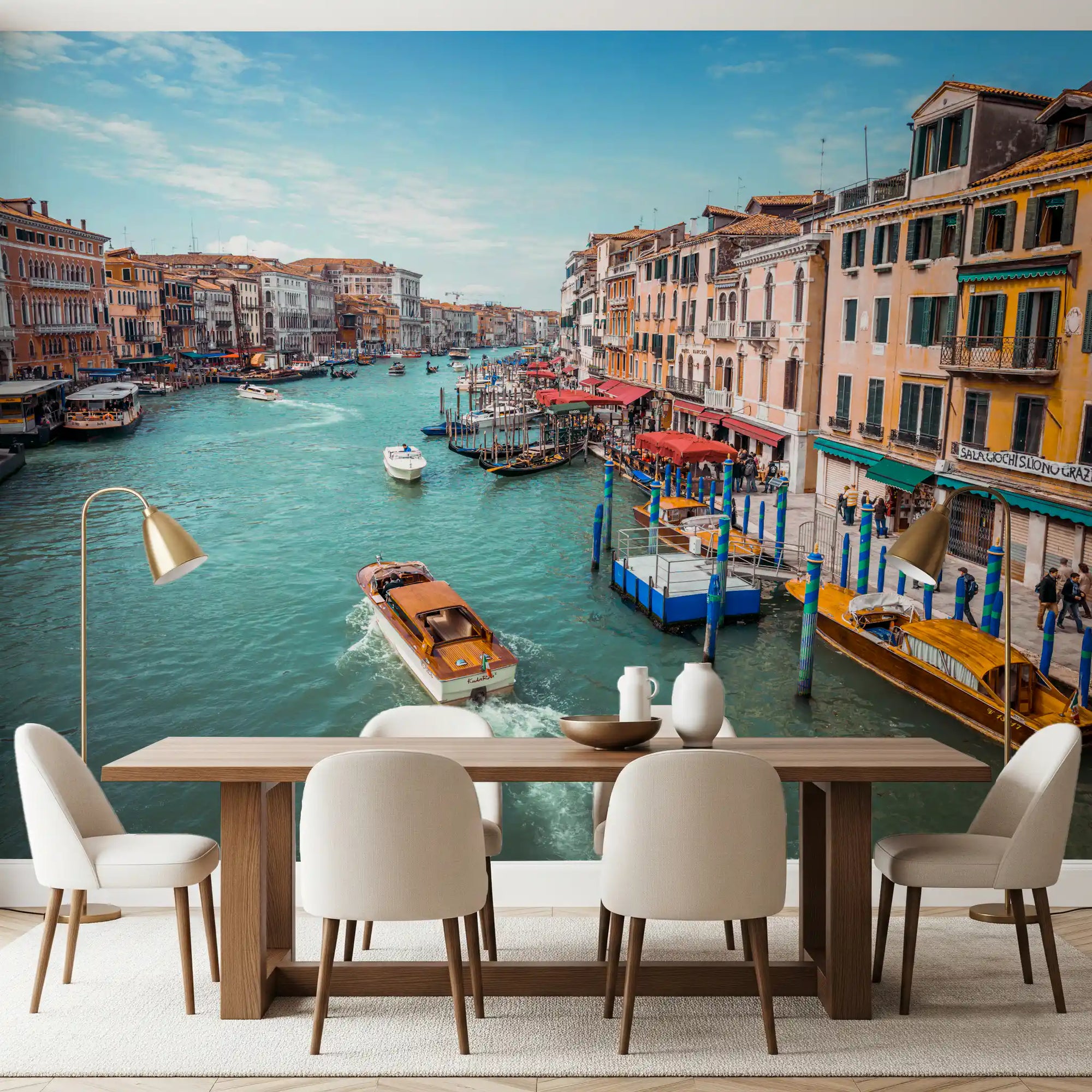 The Grand Canal Splendor wall mural adds depth to the formal dining room setting.