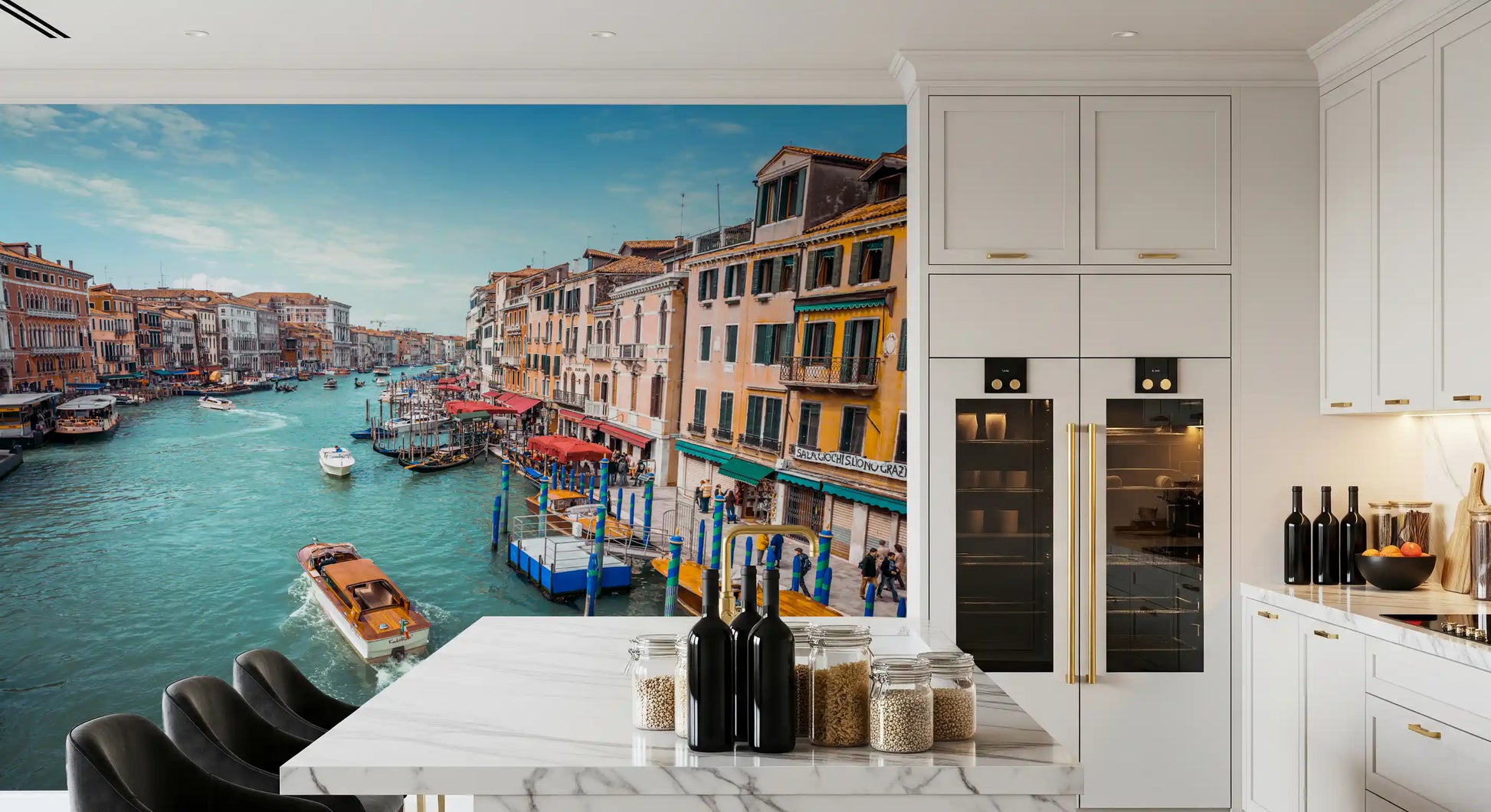 The vibrant Splendor wall mural creates an airy atmosphere within the kitchen.