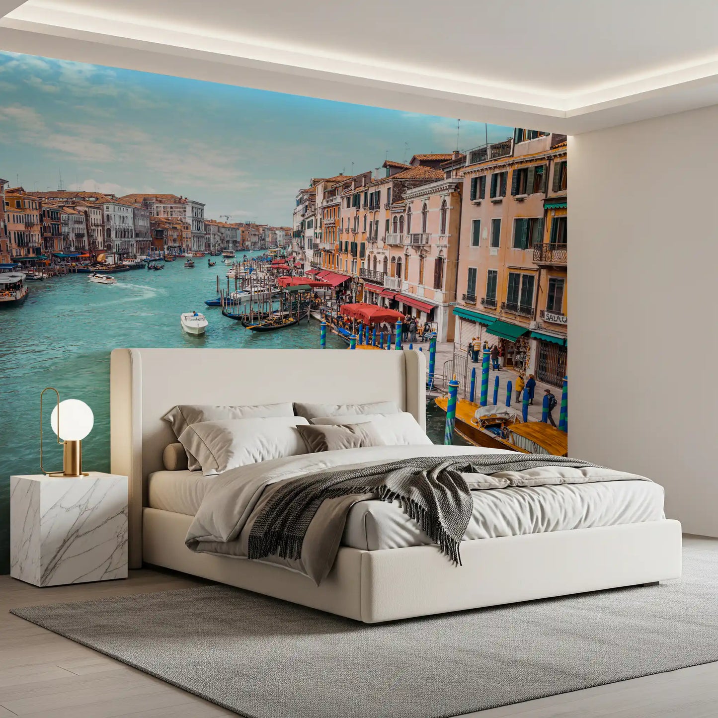 This beautiful Canal wall mural introduces scenic water views to the Bedroom .