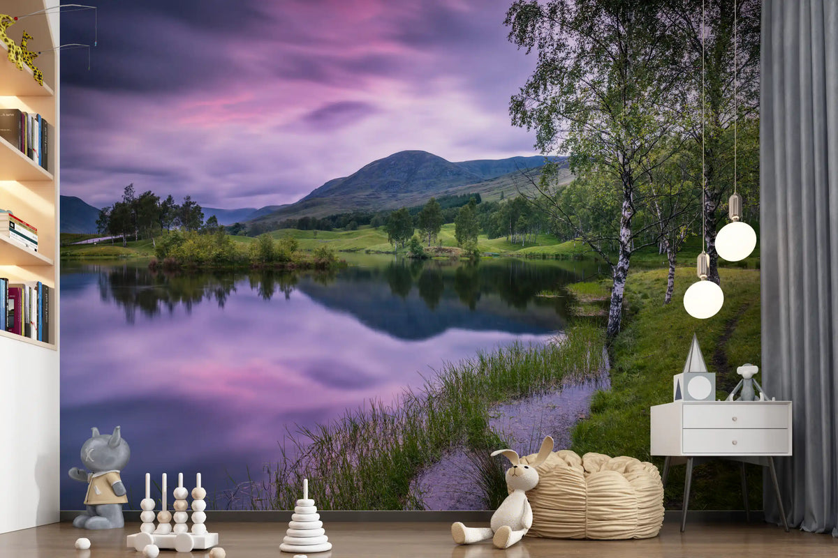 This Nursery area  pairs with the Highland Dusk Reflection Wall Mural.