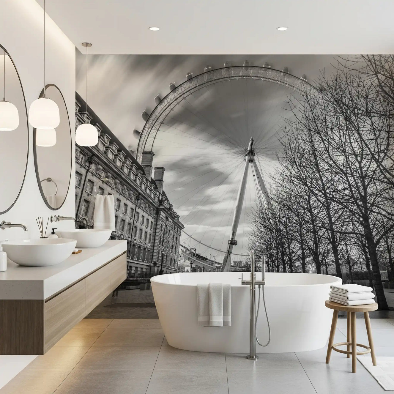 bathrom rests against the London Eye Monochrome Majesty wall mural.