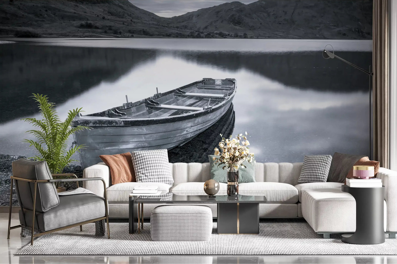 Lake-boat scene from Silent Waters fills the living room as a wall mural backdrop.