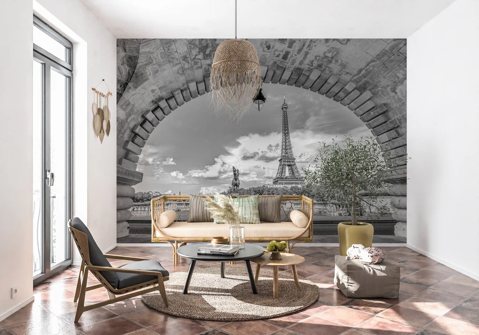 Grayscale tones move from masonry to sky inside the Parisian Vista wall mural