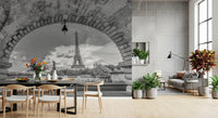 Equestrian statue and railing line the lower edge of the Parisian Vista wall mural scene