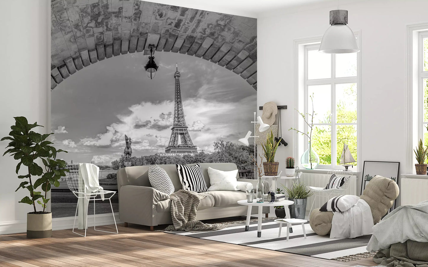 Iron tower silhouette appears small against the arch of the Parisian Vista wall mural