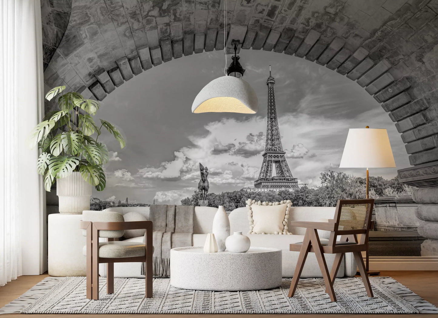 Eiffel Tower stands beneath a wide stone arch on the Timeless Parisian Vista wall mural
