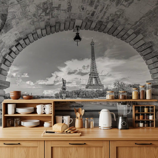 Monochrome arch and tower from the Parisian Vista wall mural calm a Kitchen.