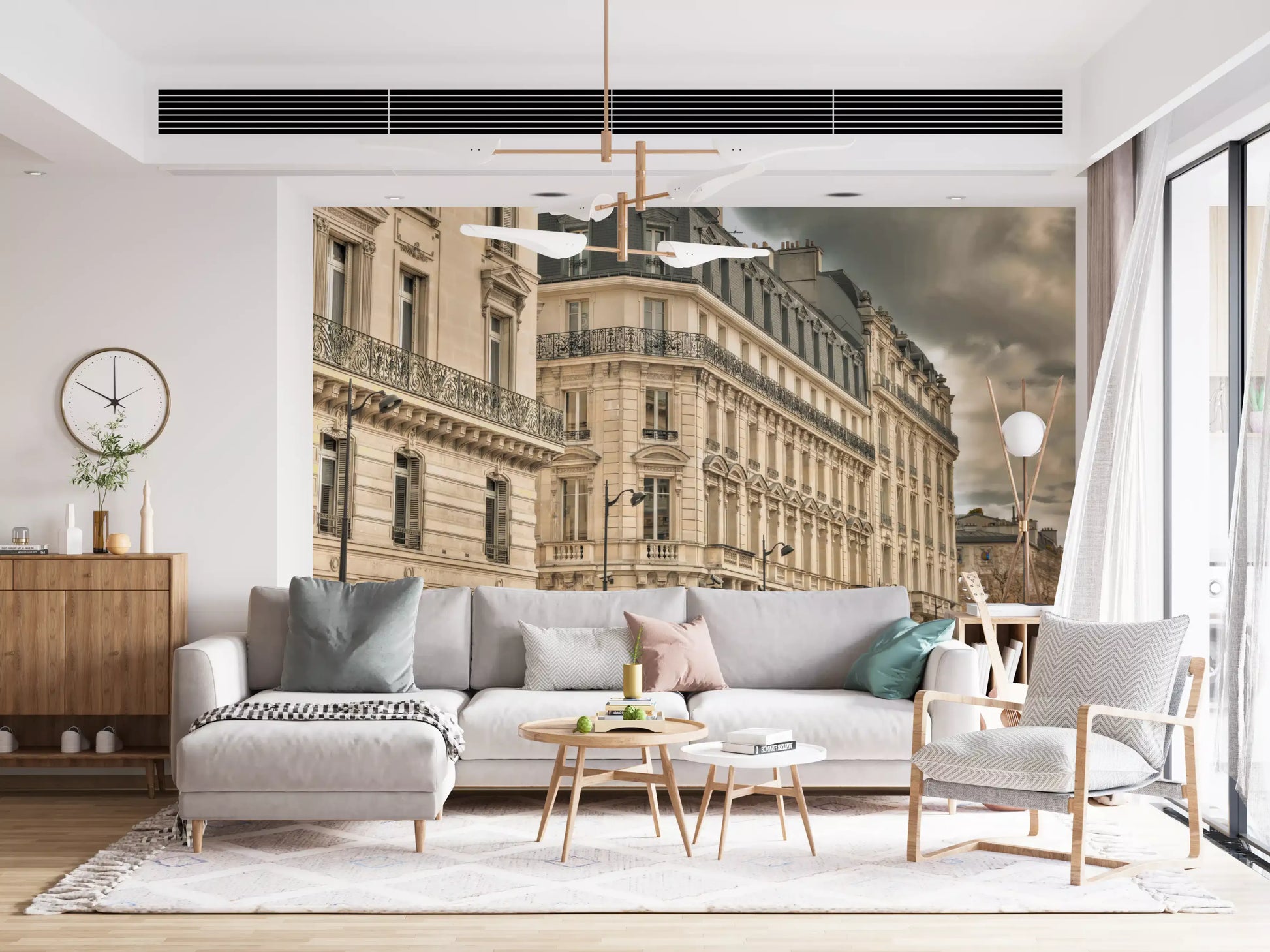 Carved Haussmann fronts run beside the hallway as a Dramatic Skies wall mural feature.
