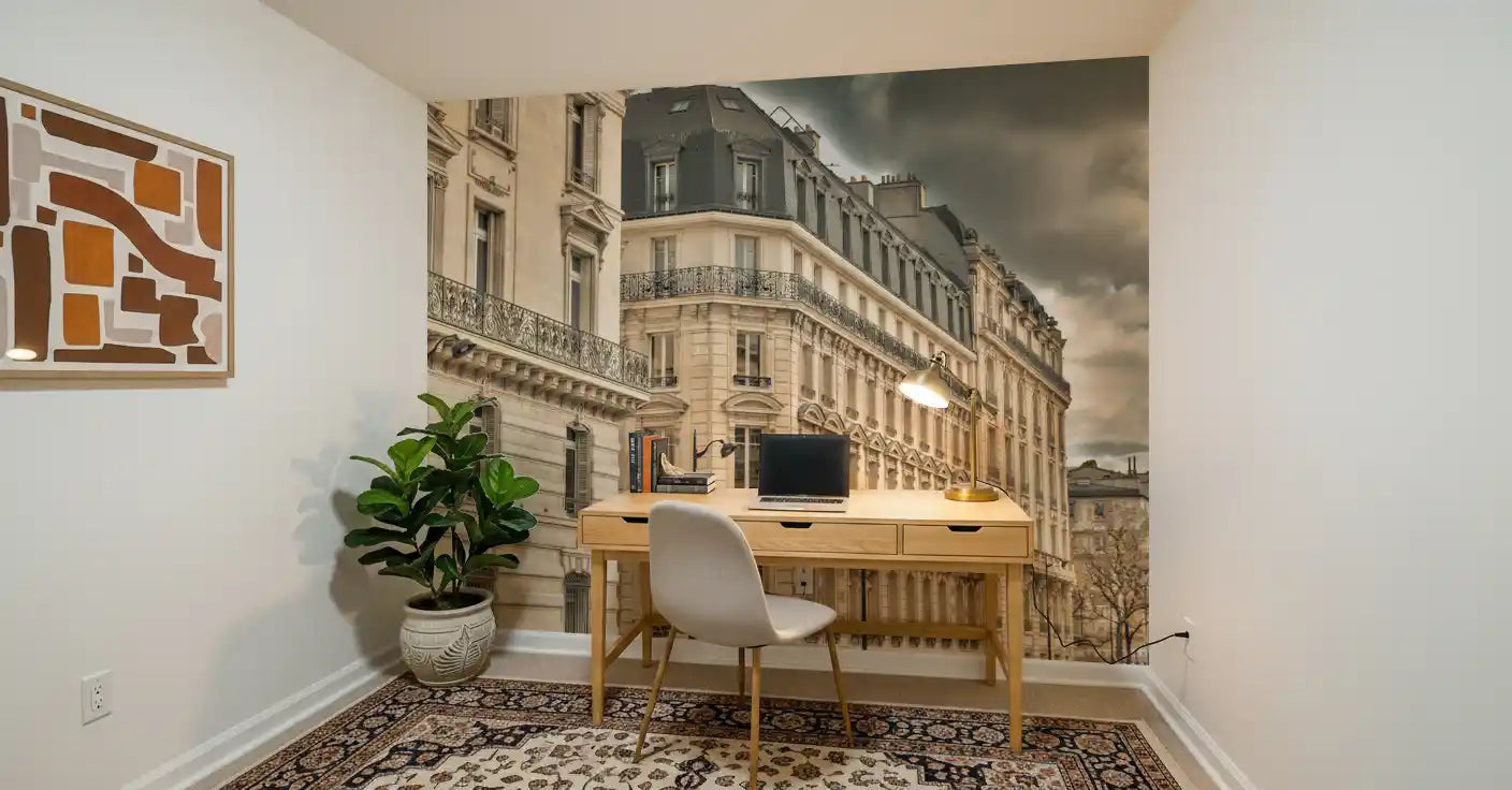 Study room scene gathers depth from Old World Paris through the wall mural cityscape.