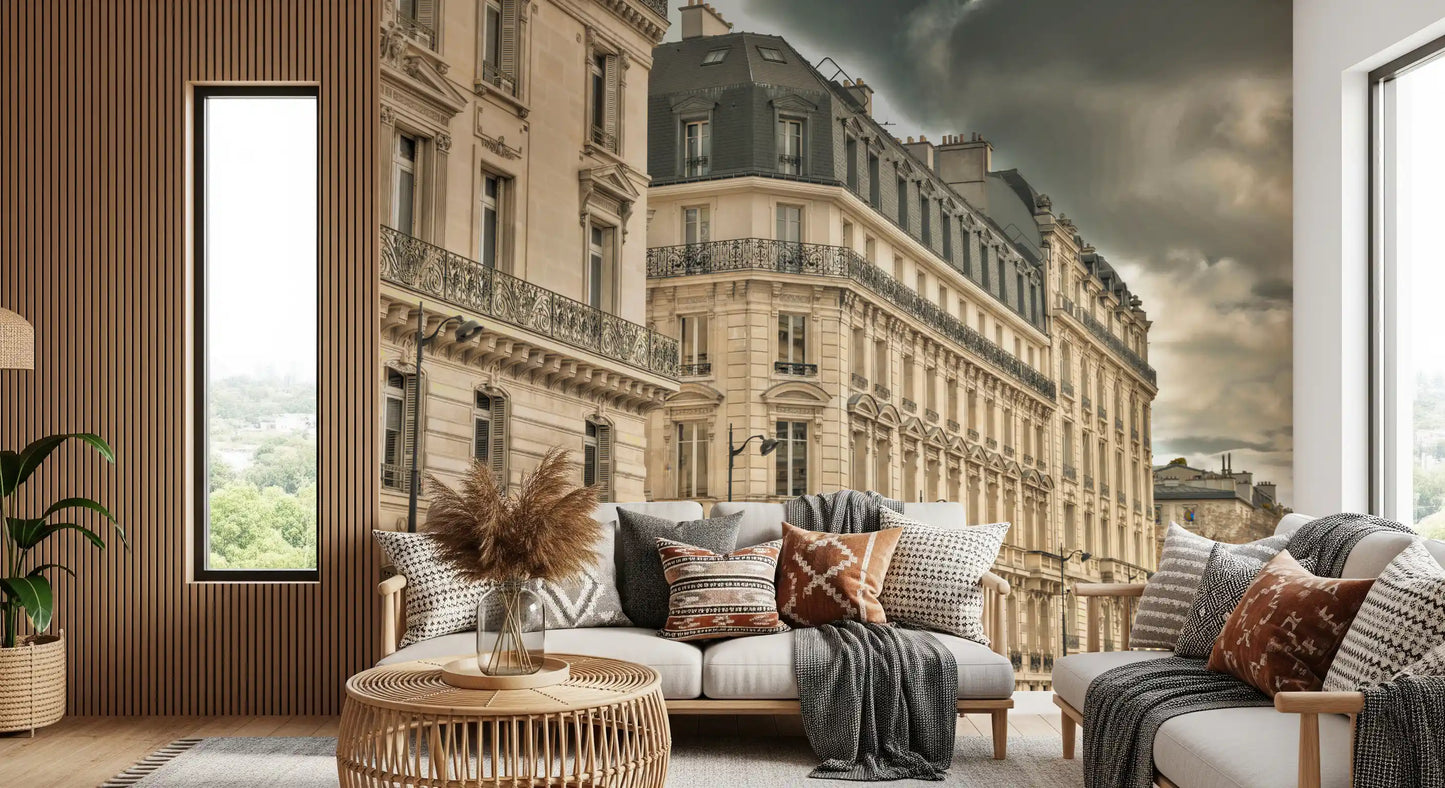 Heavy storm cloud sits above a Paris boulevard in this Parisian Facades wall mural.