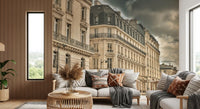 Heavy storm cloud sits above a Paris boulevard in this Parisian Facades wall mural.