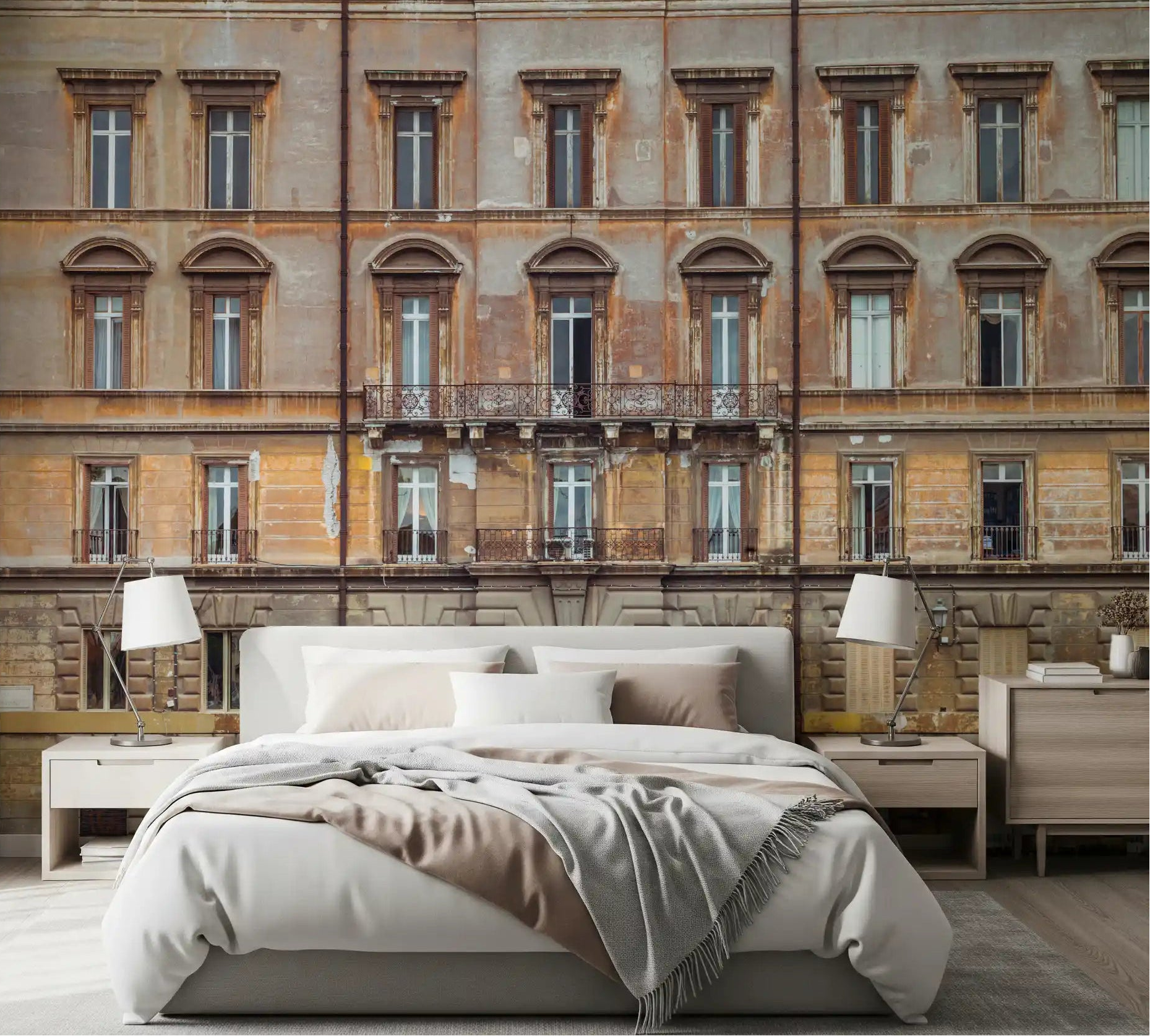 European Grandeur Facade wall mural gives the bedroom an old-city palazzo backdrop.