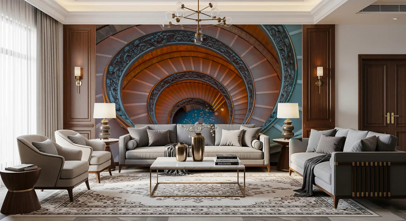 A living room dressed with Bramante's Ascent wall mural feels suddenly architectural.