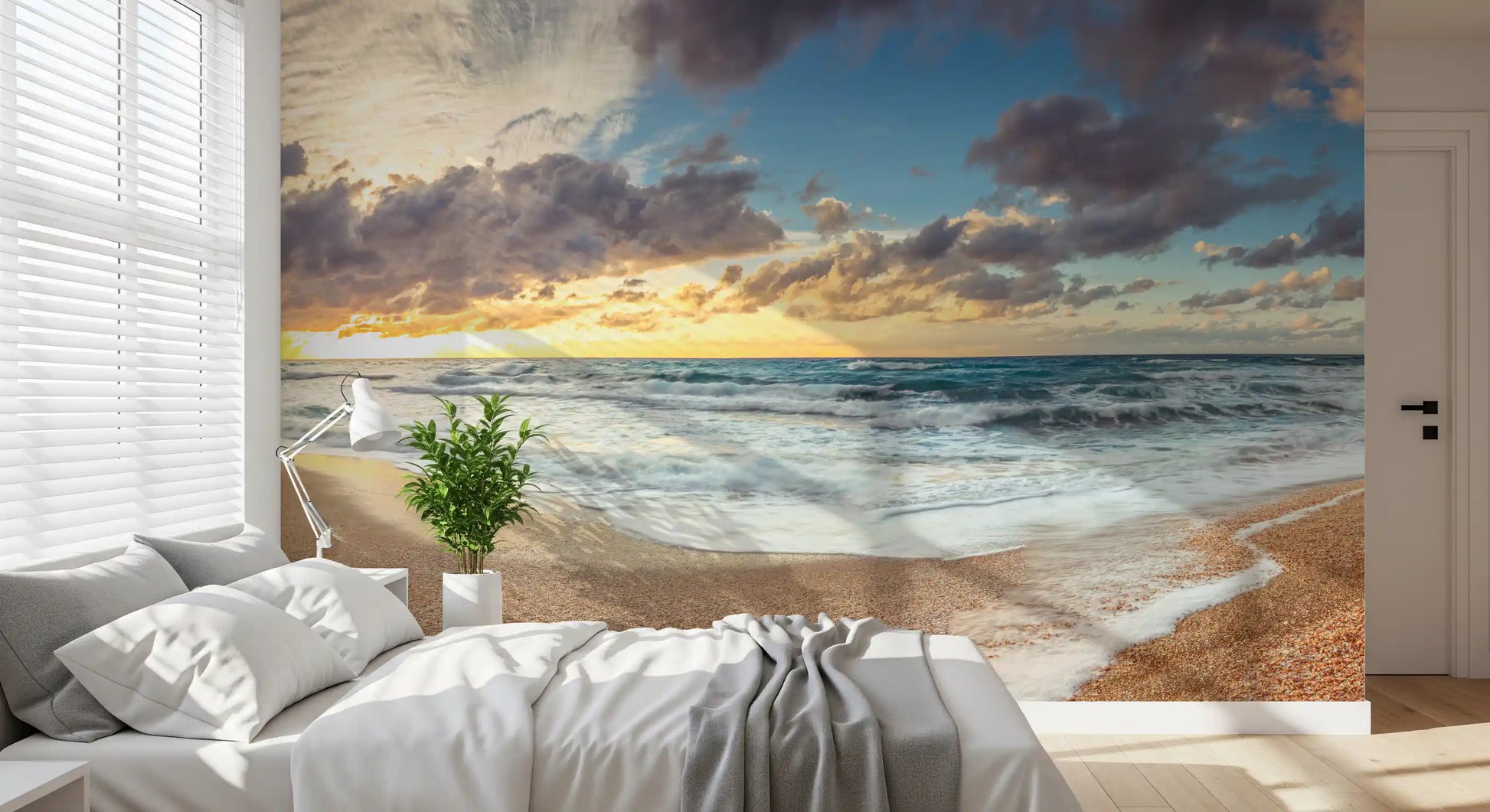 Cloudscape spreads in cream and grey across the Golden Serenity wall mural composition.