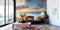 Beach scene gives the living room an open feel via Golden Shoreline wall mural framing.