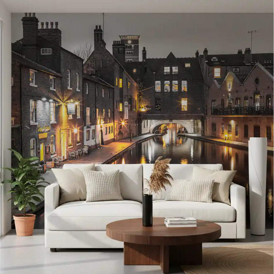 Brick rooftops and lit windows from the Canal Twilight wall mural calm a Living room