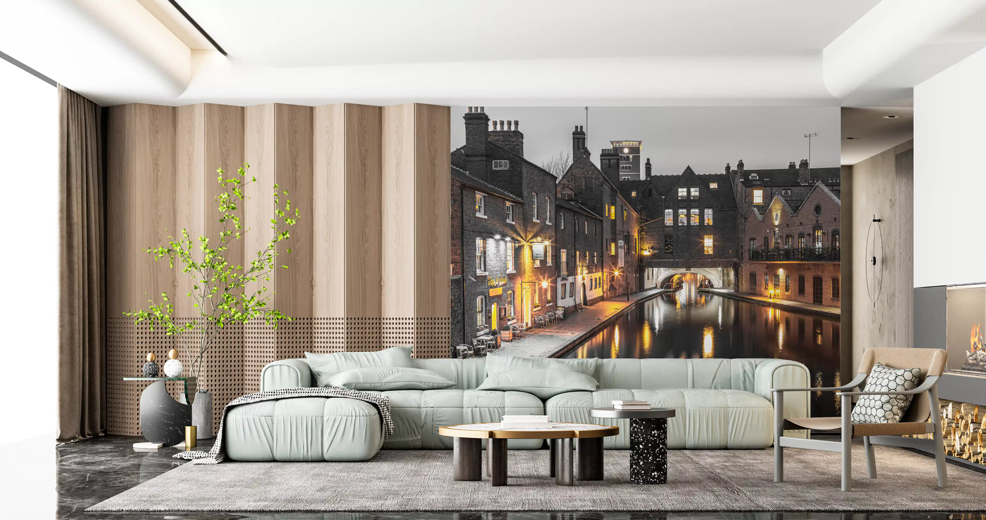 Urban Canal Twilight wall mural drops a moody evening tone into the living room
