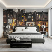 Urban Canal Twilight wall mural drops a moody evening tone into the Bedroom