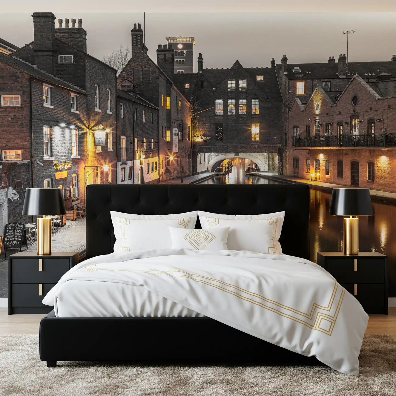 Reflections of evening lights within the Canal Twilight wall mural deepen a bedroom