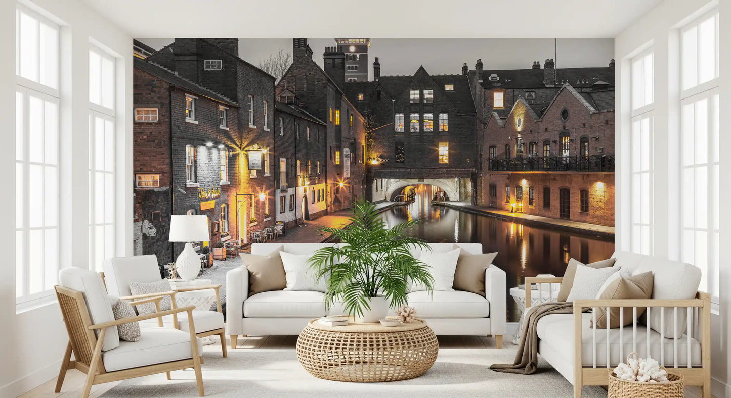 Rooftops and chimneys line the upper edge of the Canal Twilight wall mural

