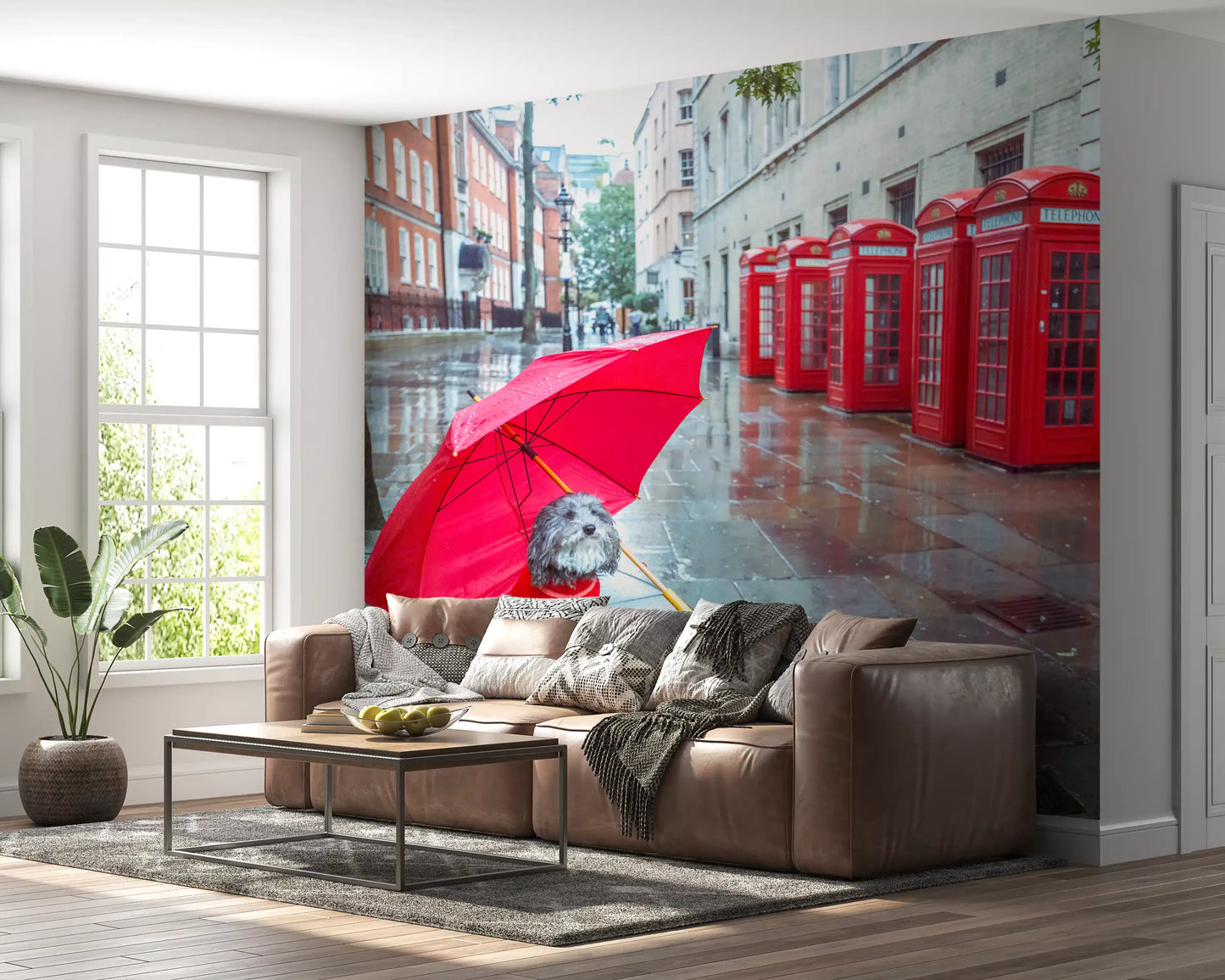 Red phone boxes glow along a London street as the lounge sits below this wall mural.