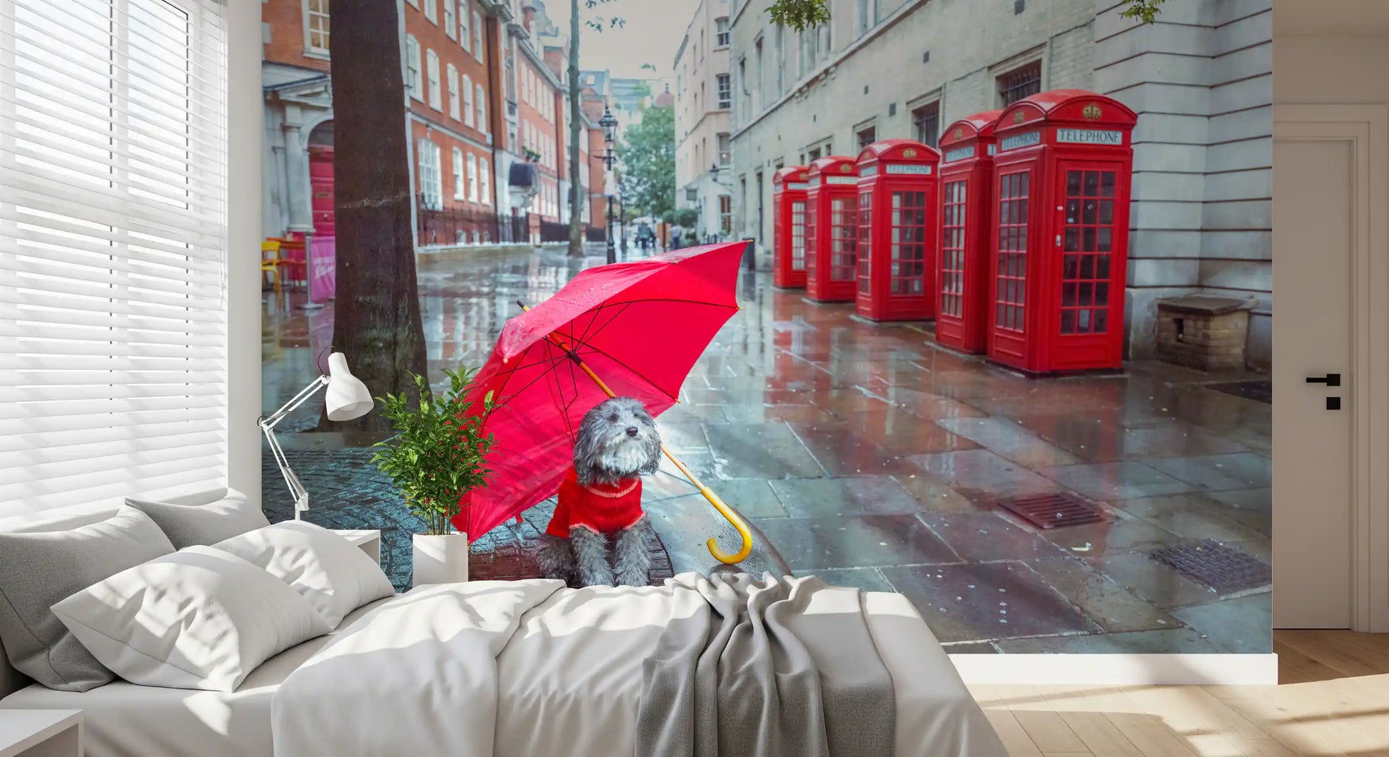 Five red telephone boxes line a damp London side street across the London Calling wall mural.