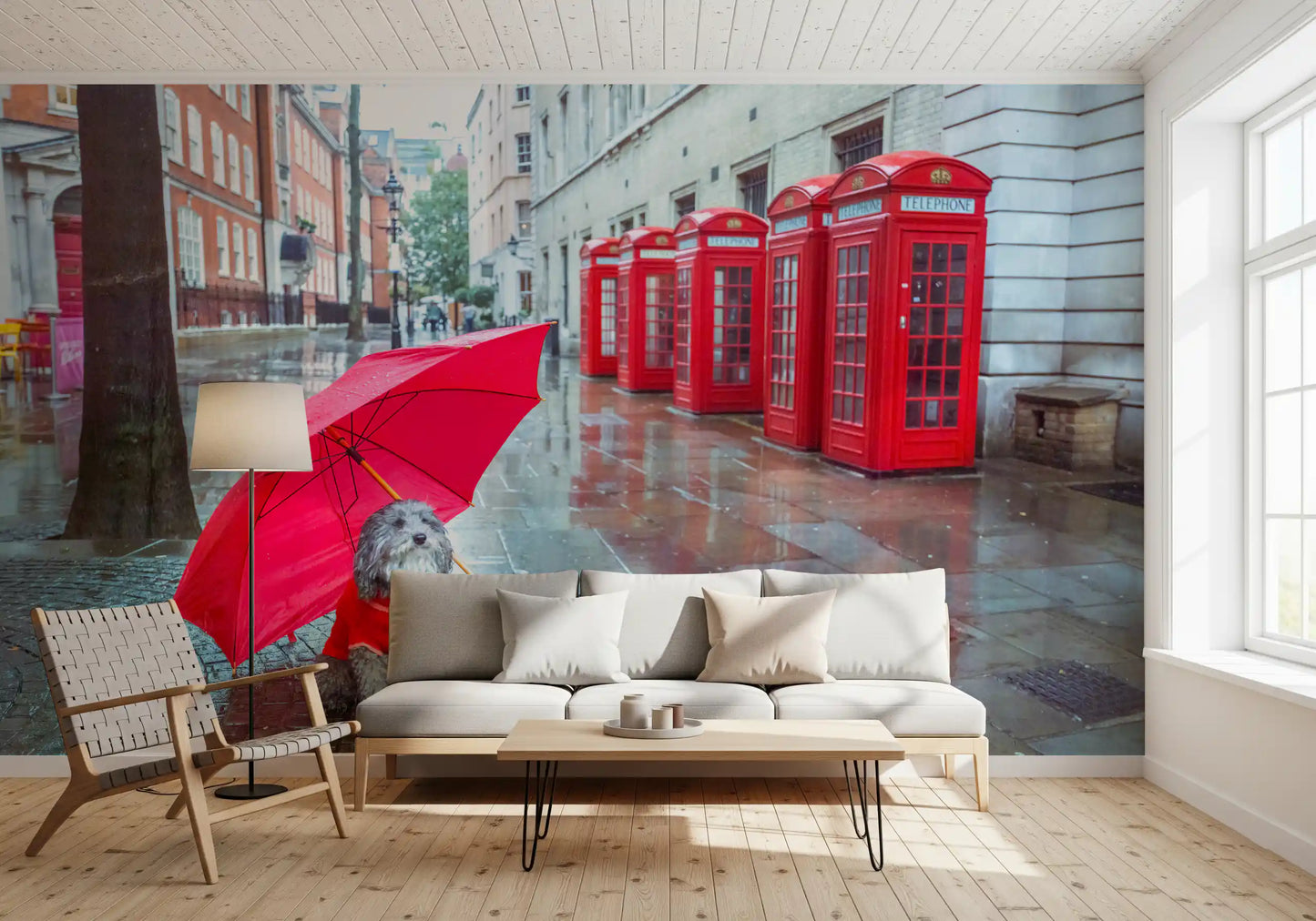 Streetlamps and phone boxes frame the entryway in this London Calling wall mural.
