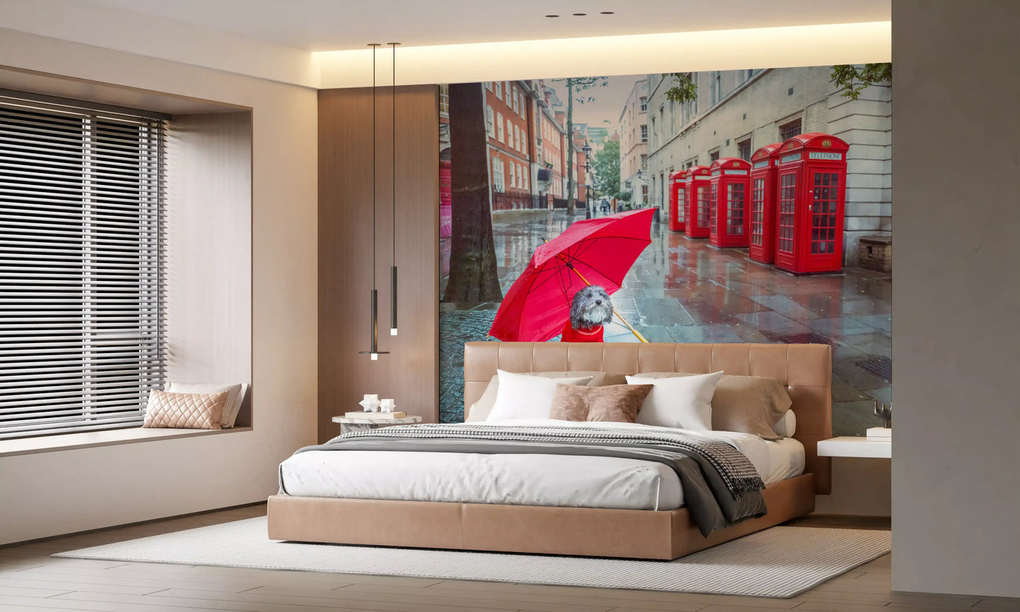Crown-topped phone boxes and brick fronts share the scene inside a London Calling wall mural.