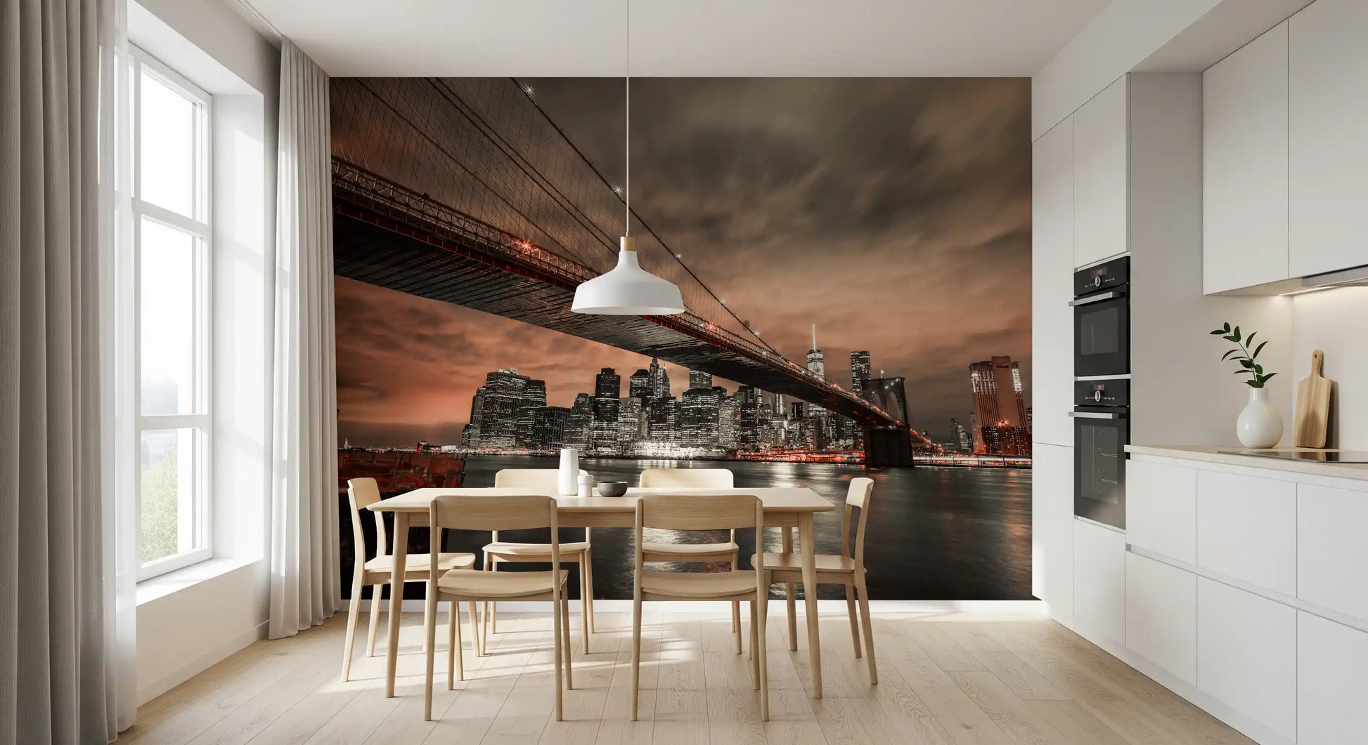 Eye-level scale of Iconic Bridge wall mural sits along a Dining room wide stretch
