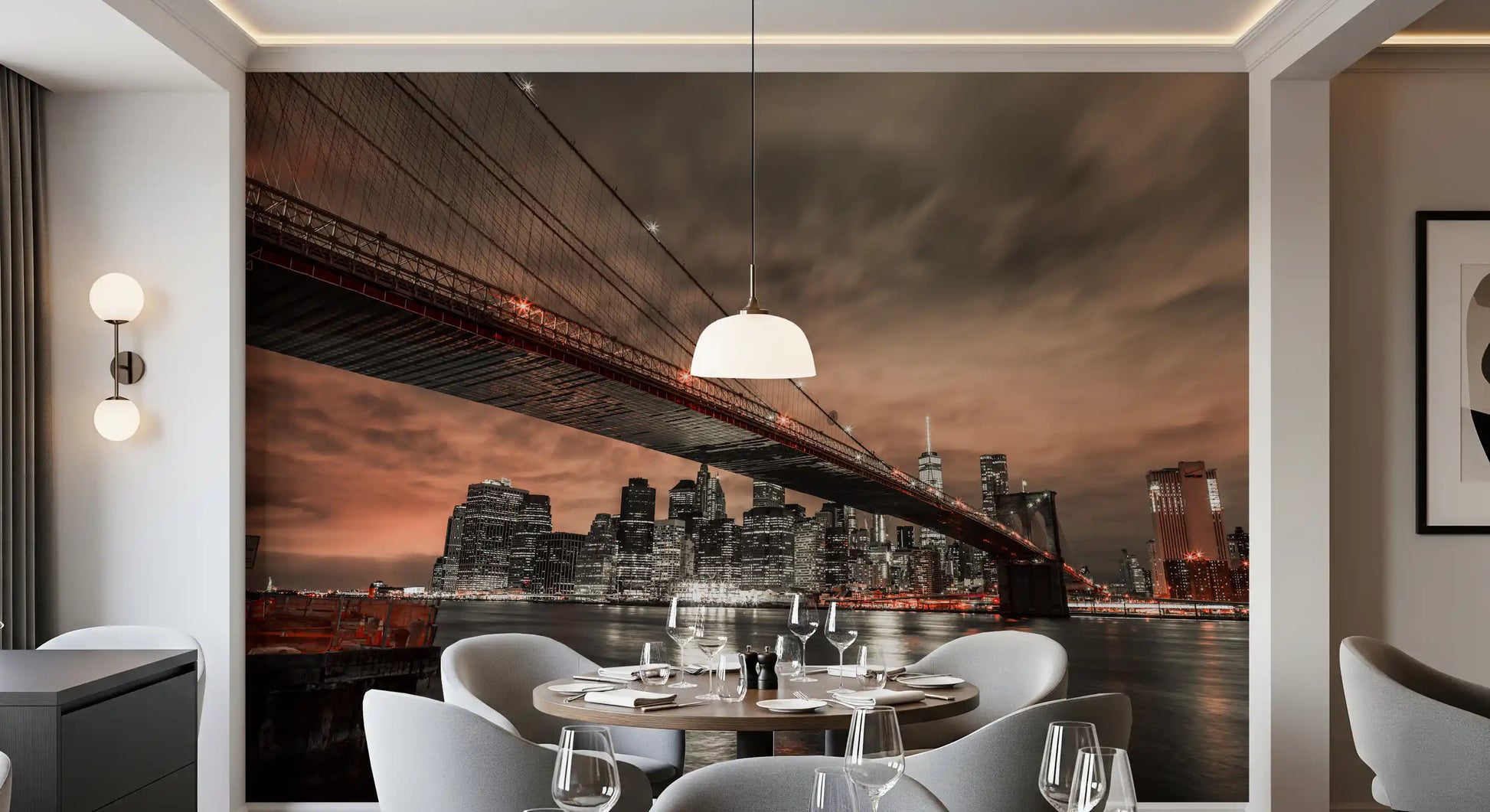 Heavy clouds drift over the cityscape, Iconic Bridge wall mural fits a Dining room 