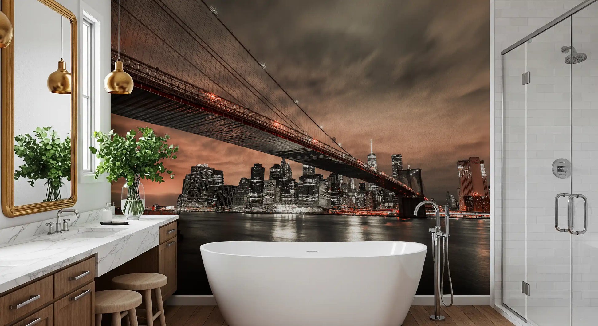 Copper dusk lights and skyline depth fill an Iconic Bridge wall mural over a Bathroom