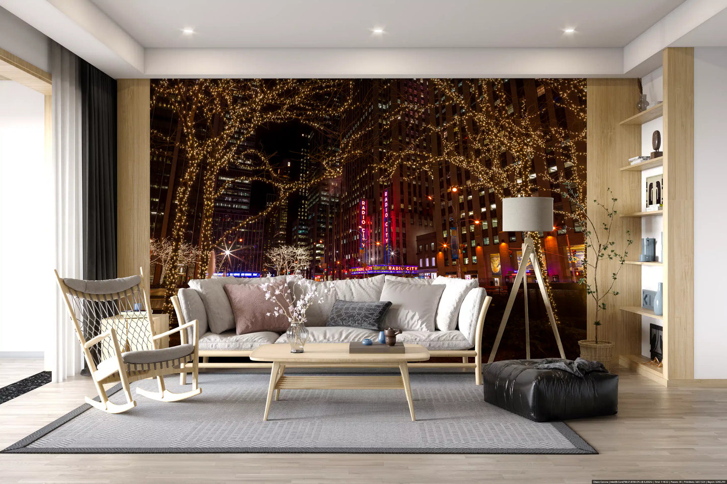 Sparkle and shadow cover the Radio City Night Glow wall mural at street level