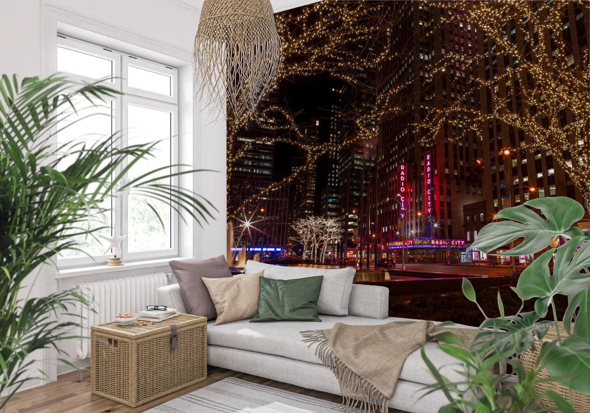 Crimson neon under the Radio City Night Glow wall mural greets an entryway space