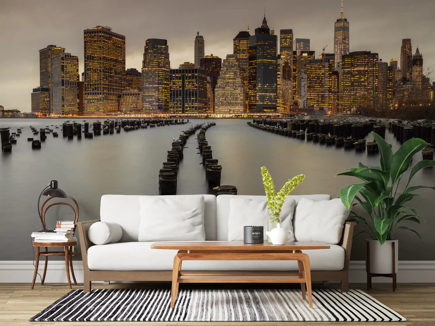 Twin pier pilings curve outward toward Manhattan across the NYC Urban Glow wall mural