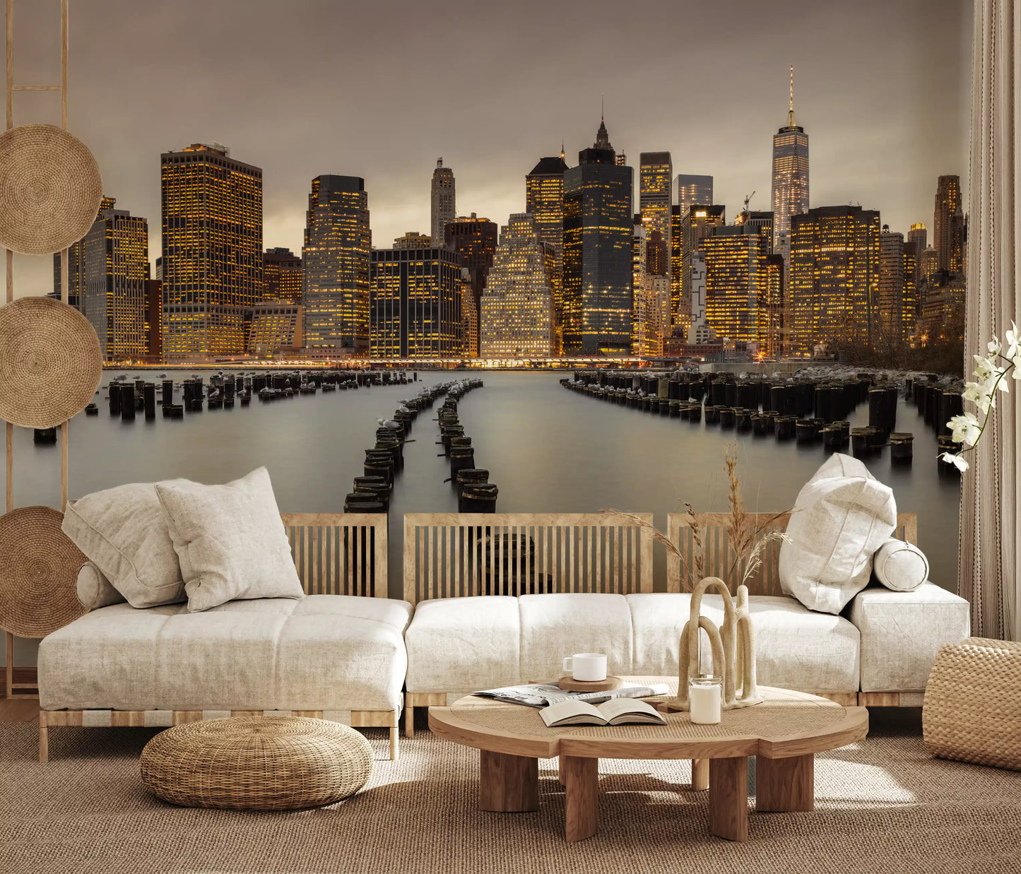 City lights inside the NYC Urban Glow wall mural mirror on still river water